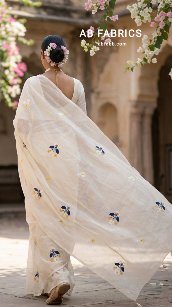 Cream-White Mulmul Cotton Saree with Multi-Color Floral Embroidery