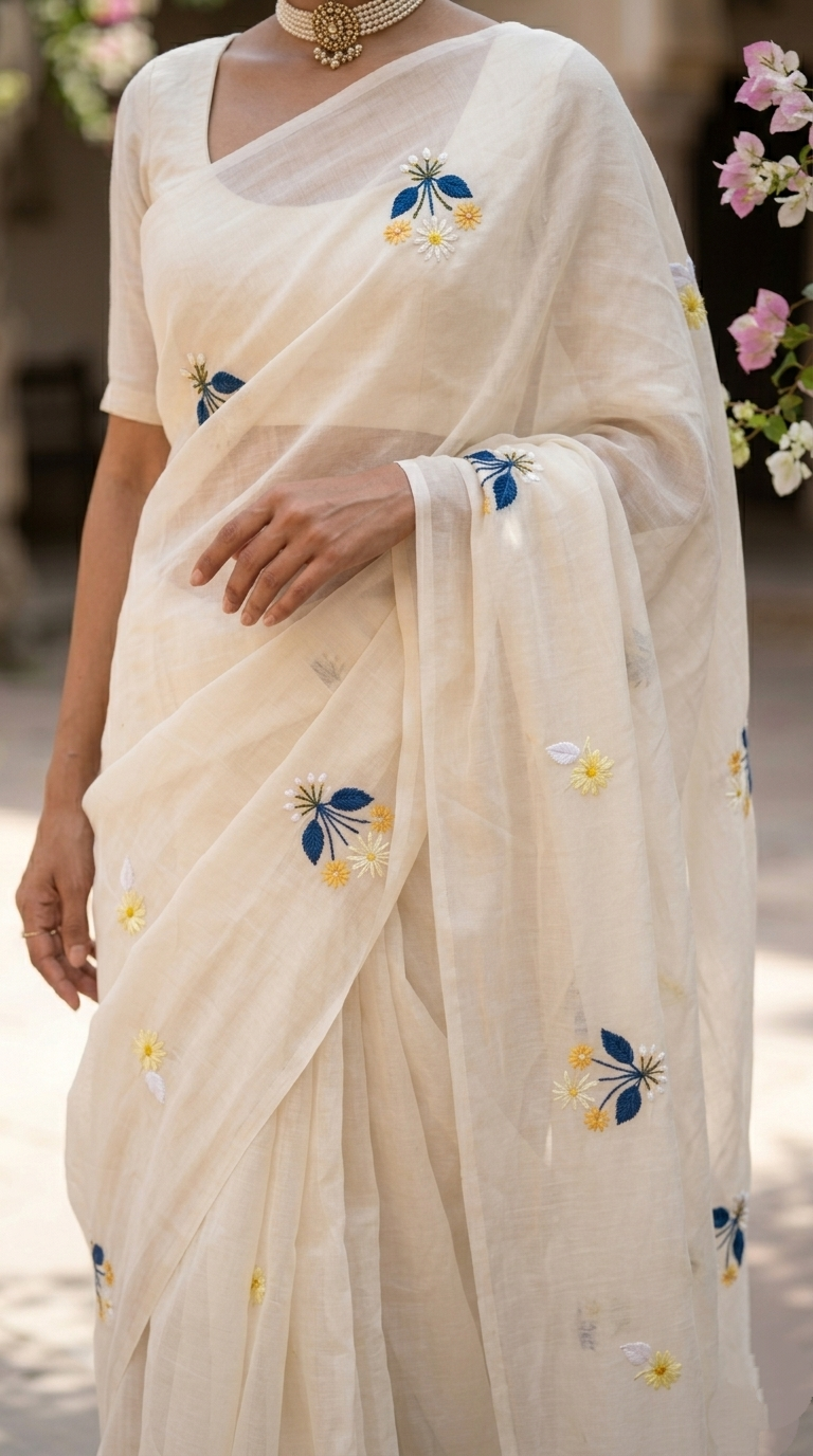 Cream-White Mulmul Cotton Saree with Multi-Color Floral Embroidery
