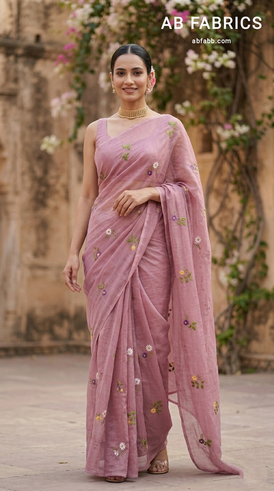 Onion Pink Mulmul Cotton Saree with Multi-Color Floral Embroidery