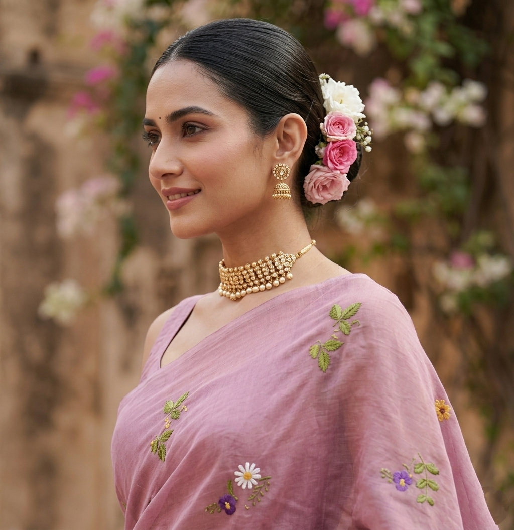 Onion Pink Mulmul Cotton Saree with Multi-Color Floral Embroidery