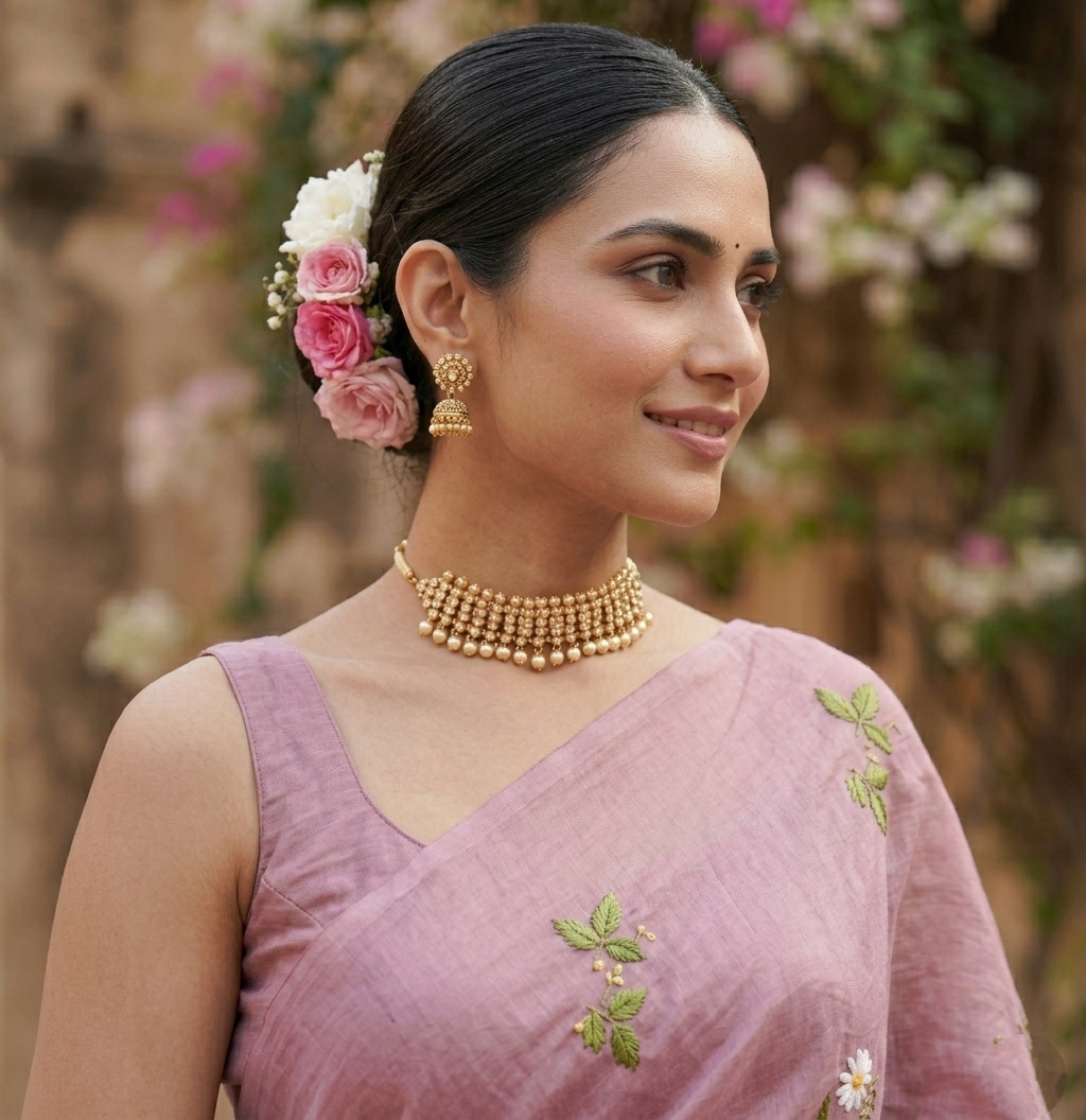 Onion Pink Mulmul Cotton Saree with Multi-Color Floral Embroidery