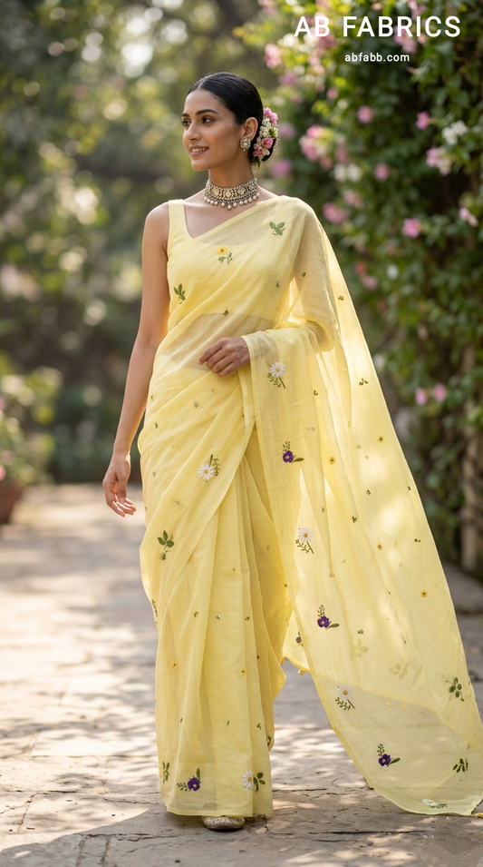 Lemon Yellow Mulmul Cotton Saree with Multi-Color Floral Embroidery