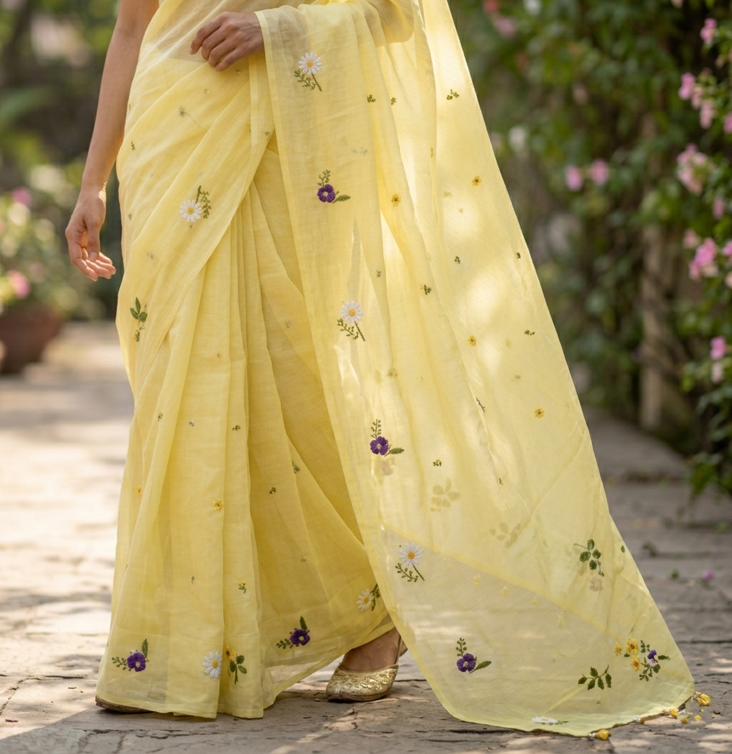 Lemon Yellow Mulmul Cotton Saree with Multi-Color Floral Embroidery