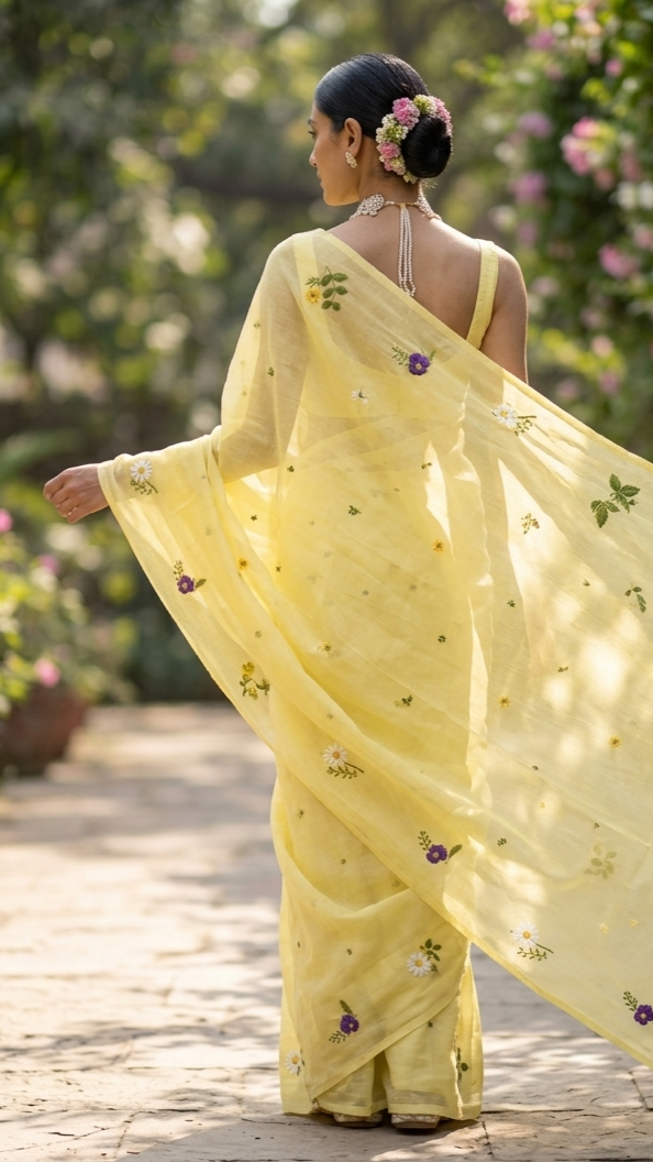 Lemon Yellow Mulmul Cotton Saree with Multi-Color Floral Embroidery
