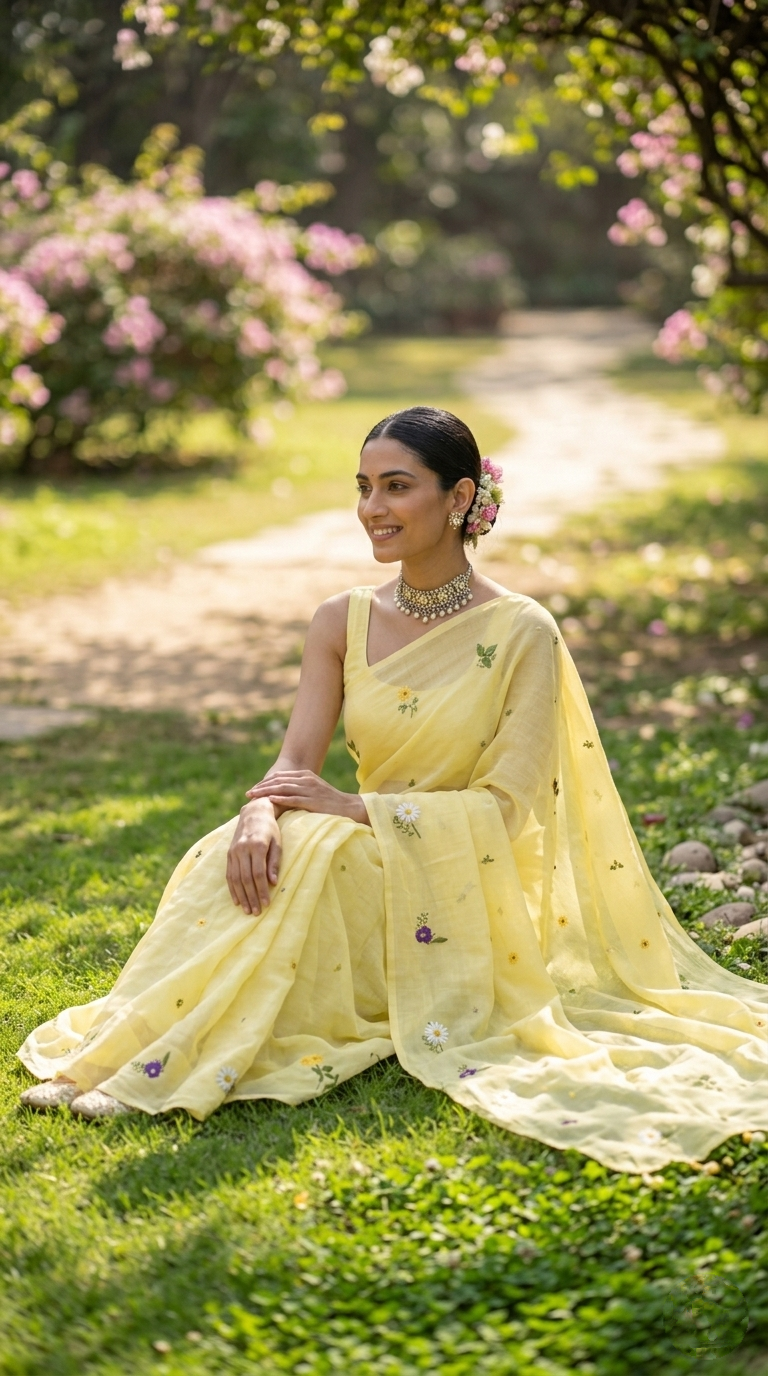 Lemon Yellow Mulmul Cotton Saree with Multi-Color Floral Embroidery