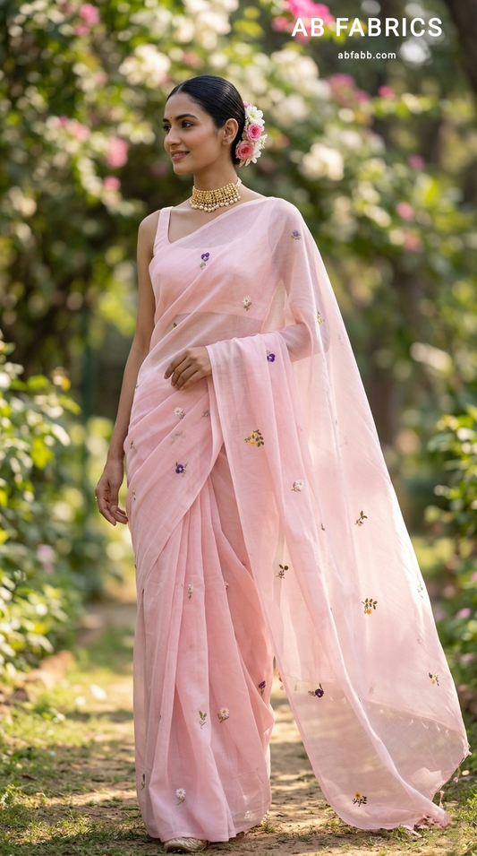 Rose Pink Mulmul Cotton Saree with Multi-Color Floral Embroidery