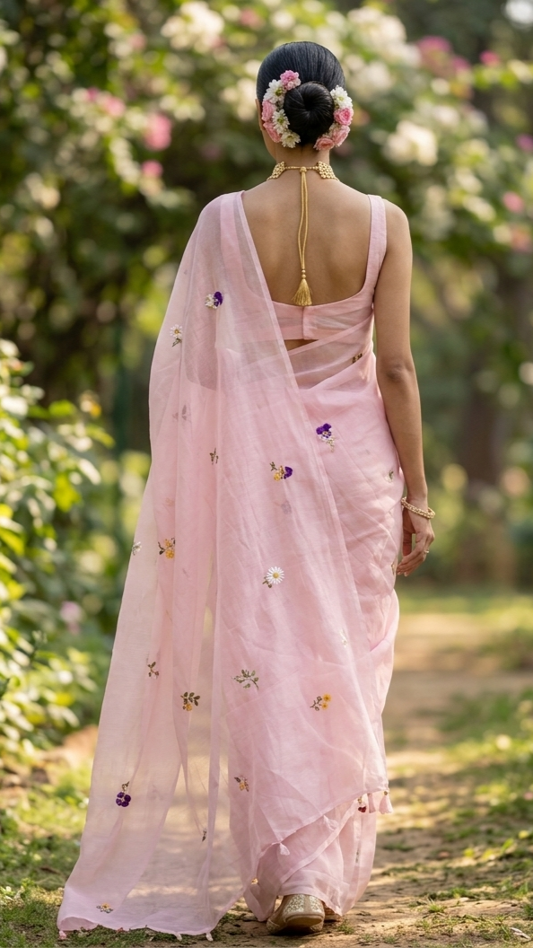 Rose Pink Mulmul Cotton Saree with Multi-Color Floral Embroidery