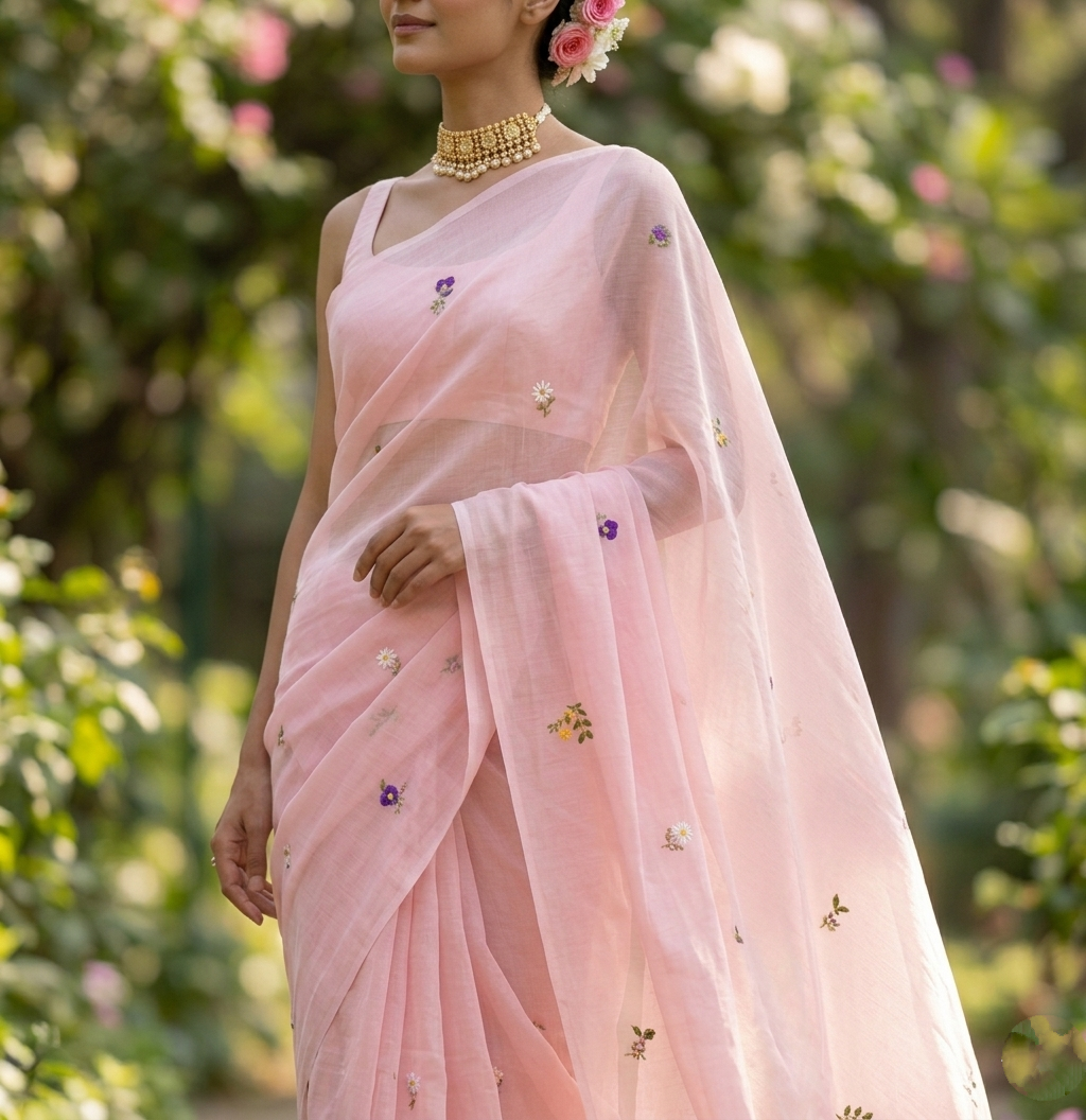 Rose Pink Mulmul Cotton Saree with Multi-Color Floral Embroidery