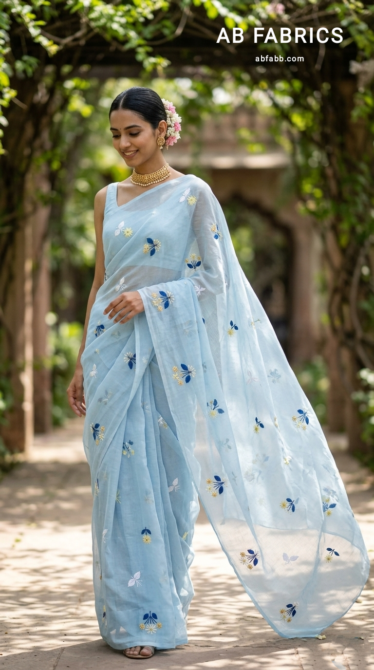 Powder Blue Mulmul Cotton Saree with Multi-Color Floral Embroidery