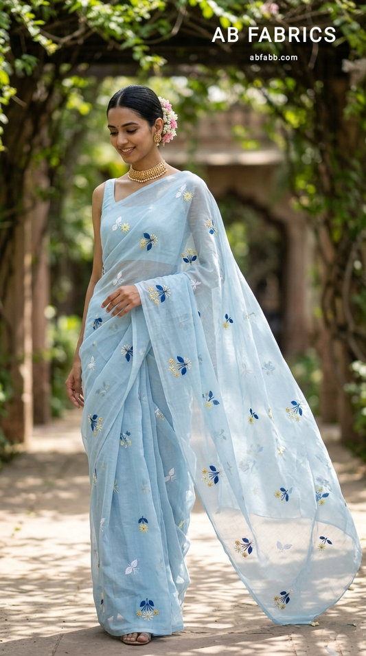 Powder Blue Mulmul Cotton Saree with Multi-Color Floral Embroidery
