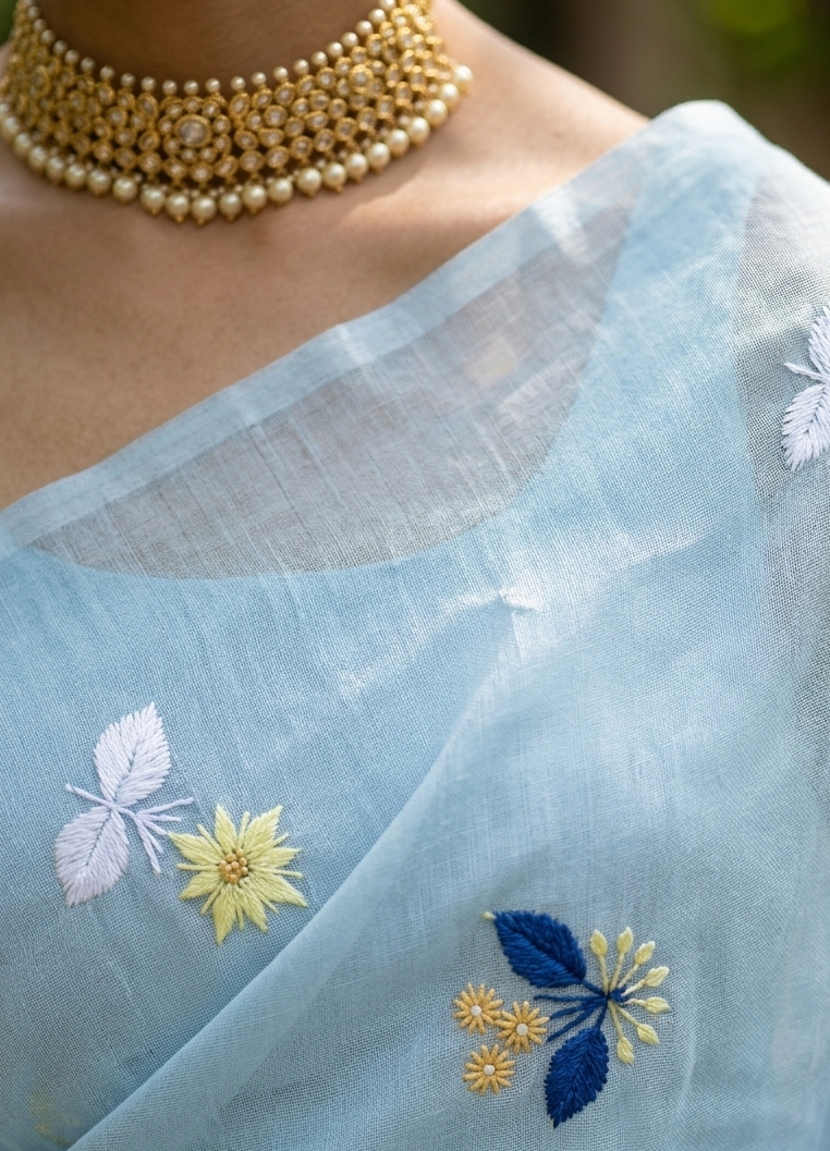 Powder Blue Mulmul Cotton Saree with Multi-Color Floral Embroidery