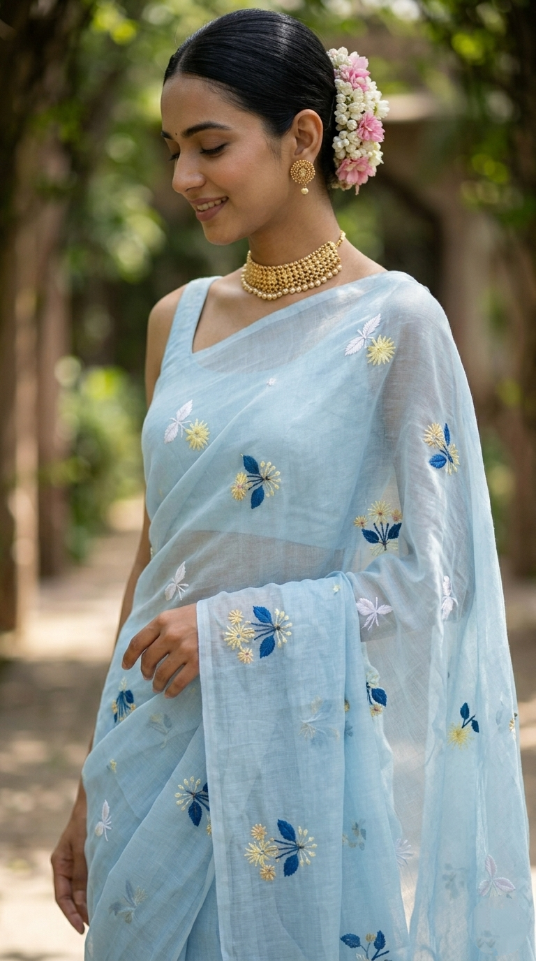 Powder Blue Mulmul Cotton Saree with Multi-Color Floral Embroidery