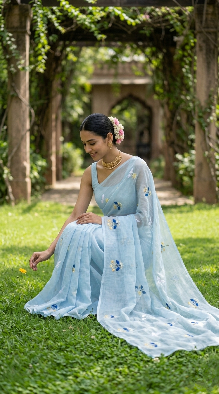 Powder Blue Mulmul Cotton Saree with Multi-Color Floral Embroidery