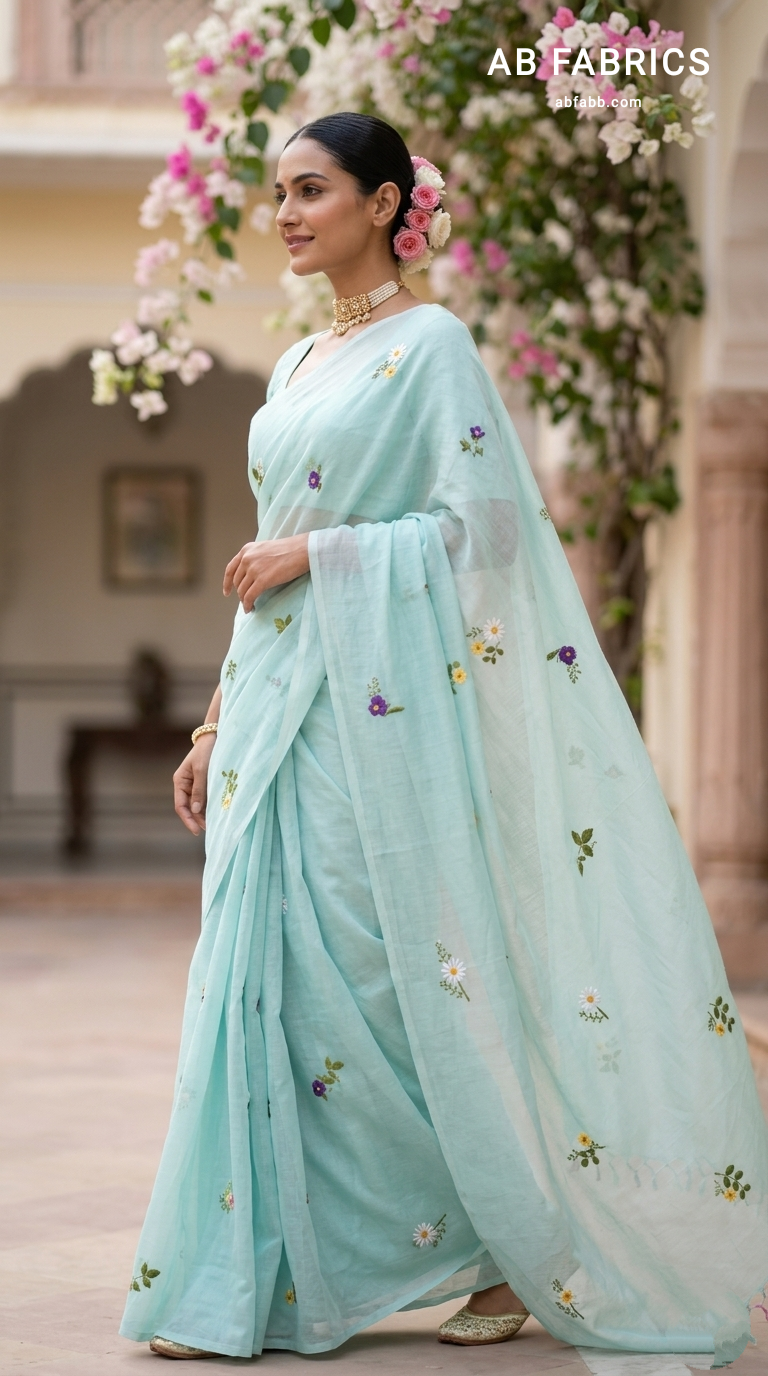 Aqua Blue Mulmul Cotton Saree with Multi-Color Floral Embroidery