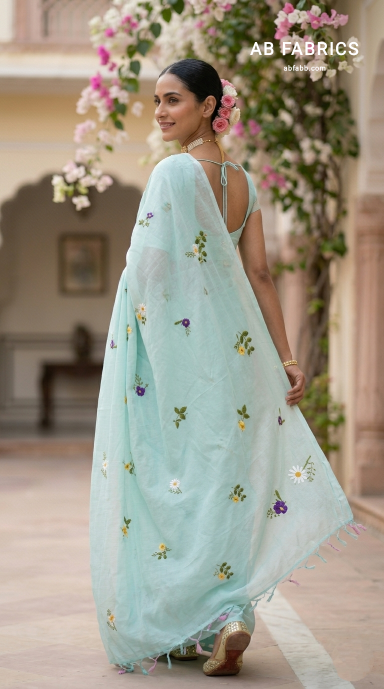 Aqua Blue Mulmul Cotton Saree with Multi-Color Floral Embroidery