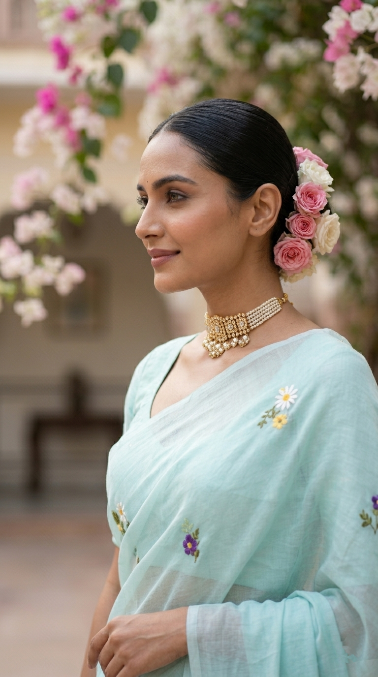 Aqua Blue Mulmul Cotton Saree with Multi-Color Floral Embroidery