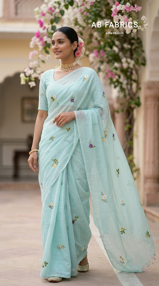 Aqua Blue Mulmul Cotton Saree with Multi-Color Floral Embroidery
