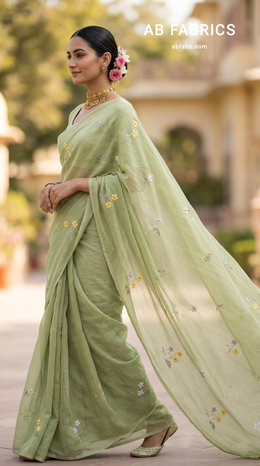 Pista Green Mulmul Cotton Saree with Multi-Color Floral Embroidery