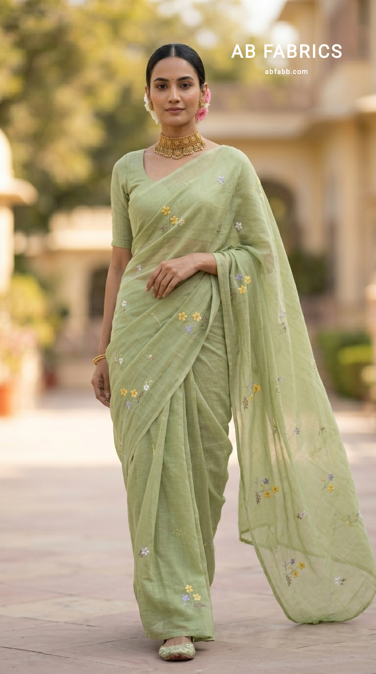 Pista Green Mulmul Cotton Saree with Multi-Color Floral Embroidery