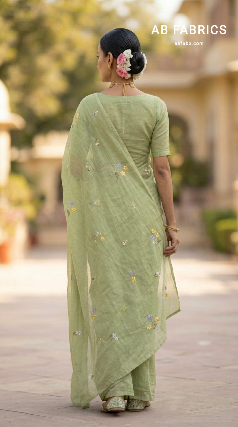 Pista Green Mulmul Cotton Saree with Multi-Color Floral Embroidery