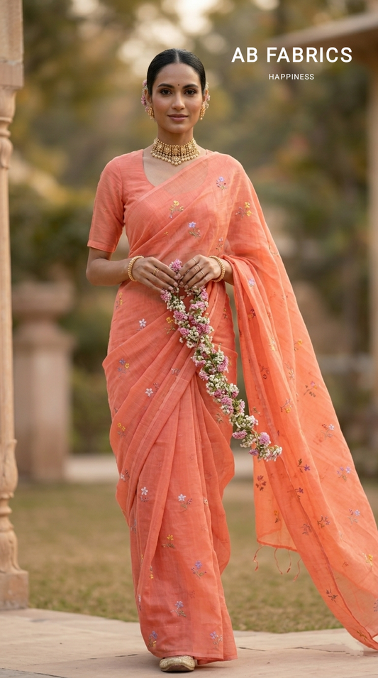 Coral Peach Mulmul Cotton Saree with Multi-Color Floral Embroidery