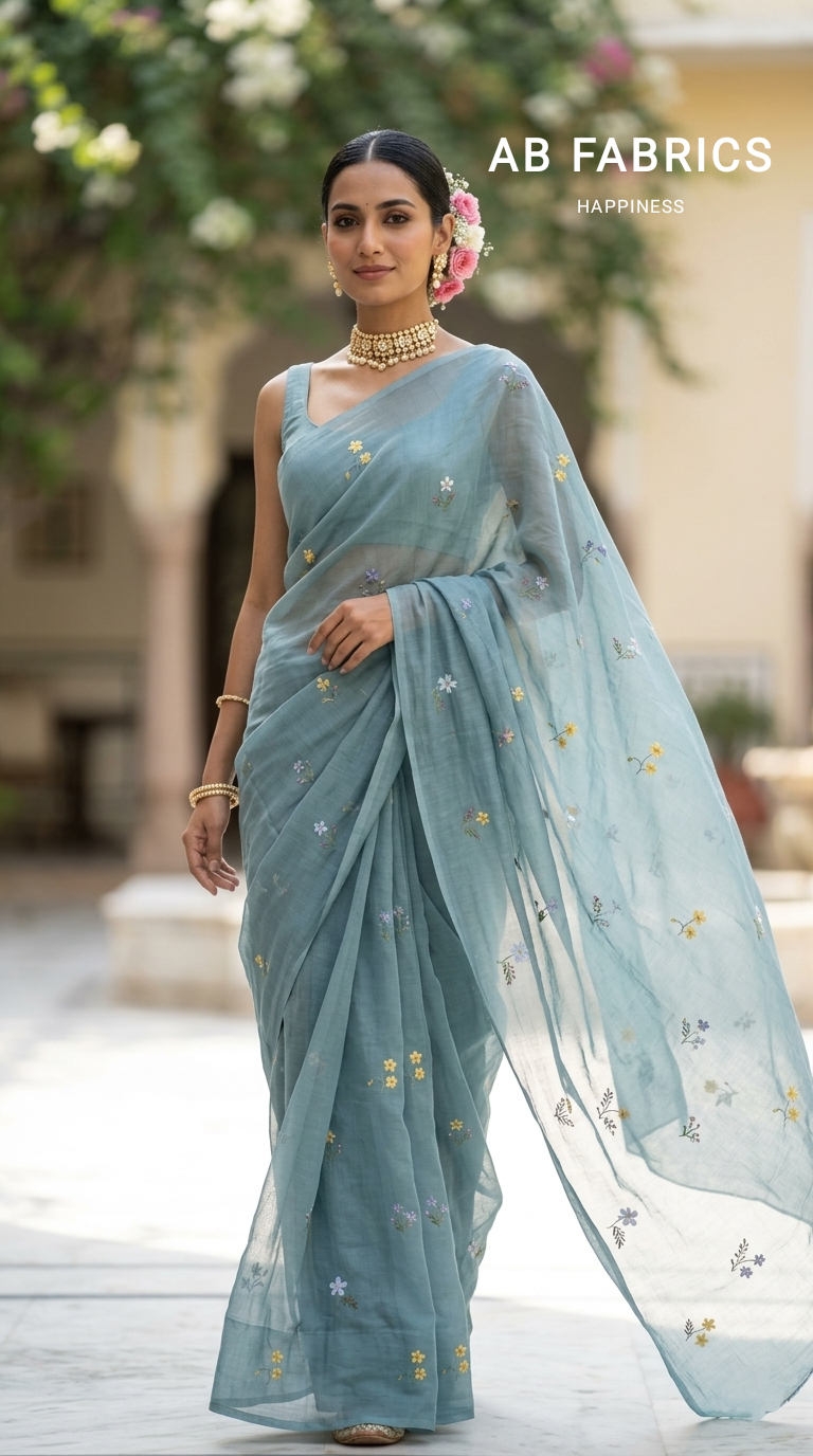 Grey Blue Mulmul Cotton Saree with Multi-Color Floral Embroidery