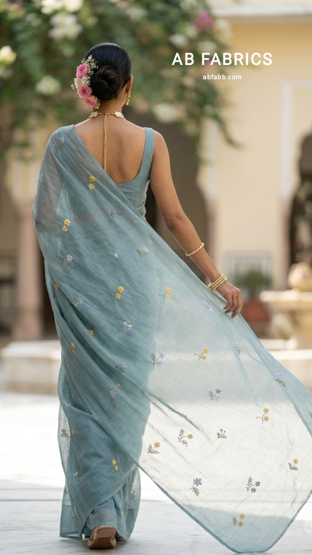 Grey Blue Mulmul Cotton Saree with Multi-Color Floral Embroidery