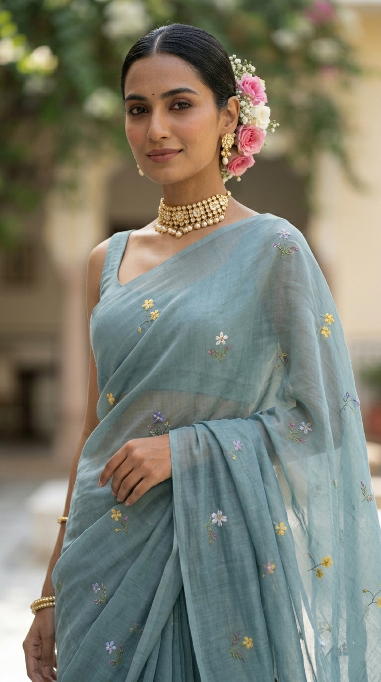 Grey Blue Mulmul Cotton Saree with Multi-Color Floral Embroidery
