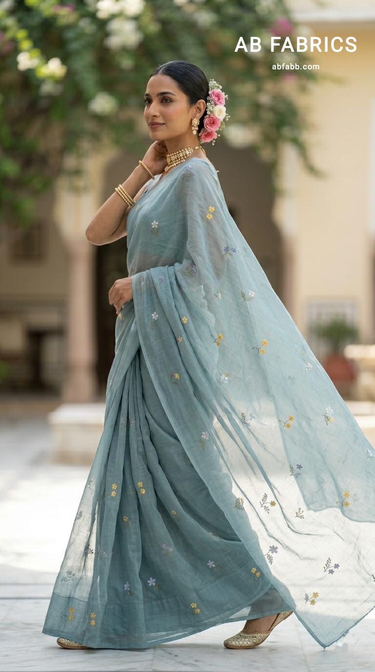Grey Blue Mulmul Cotton Saree with Multi-Color Floral Embroidery