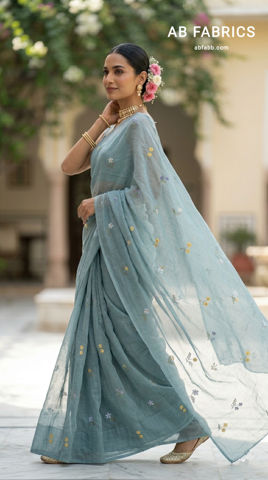 Grey Blue Mulmul Cotton Saree with Multi-Color Floral Embroidery