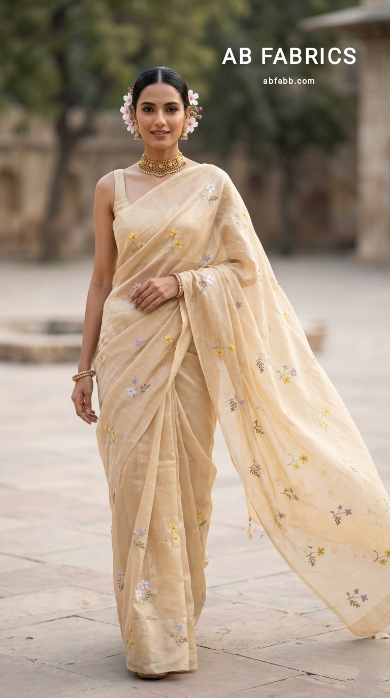 Cream Beige Mulmul Cotton Saree with Multi-Color Floral Embroidery