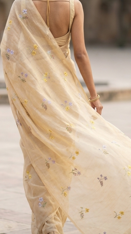 Cream Beige Mulmul Cotton Saree with Multi-Color Floral Embroidery