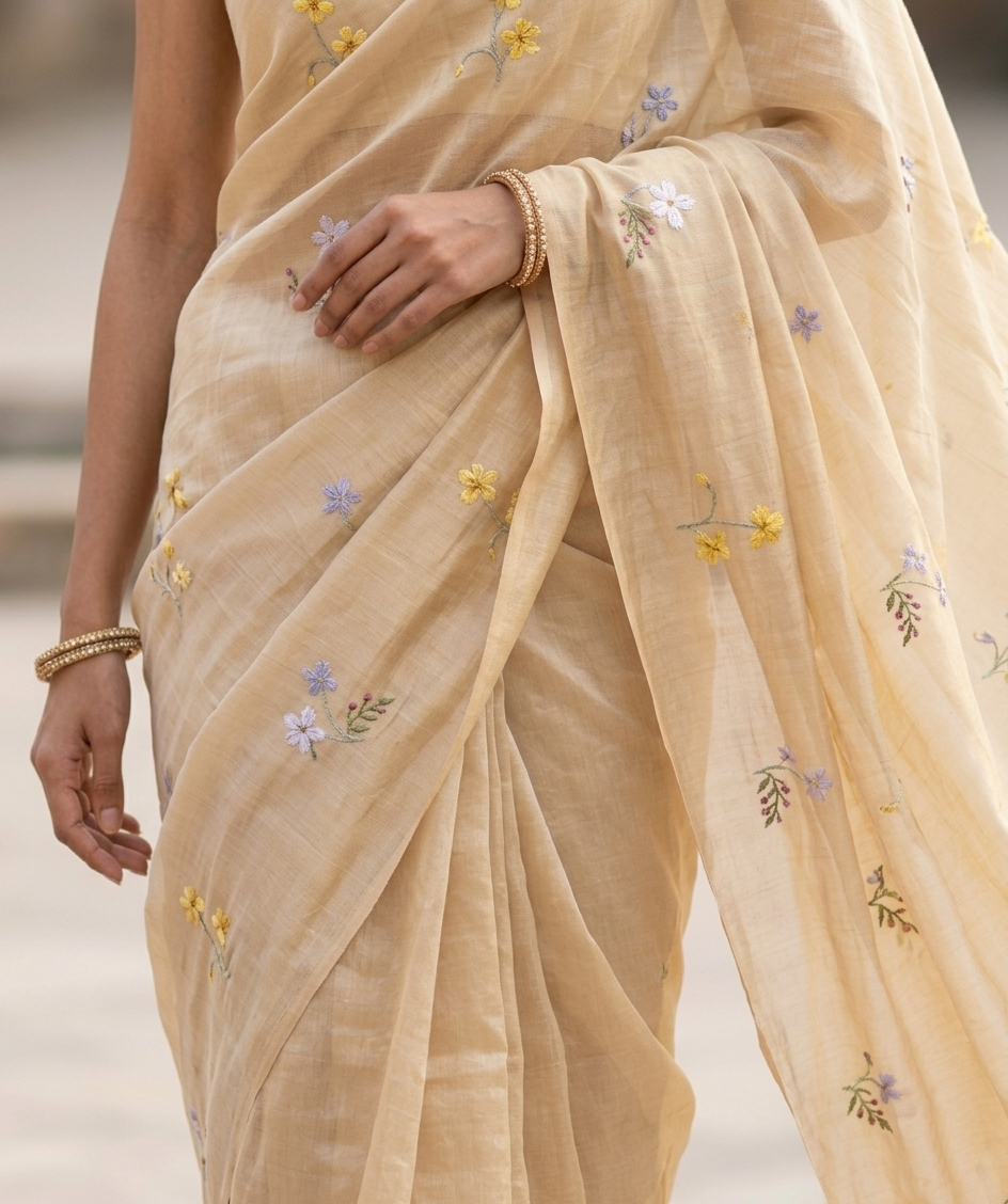 Cream Beige Mulmul Cotton Saree with Multi-Color Floral Embroidery