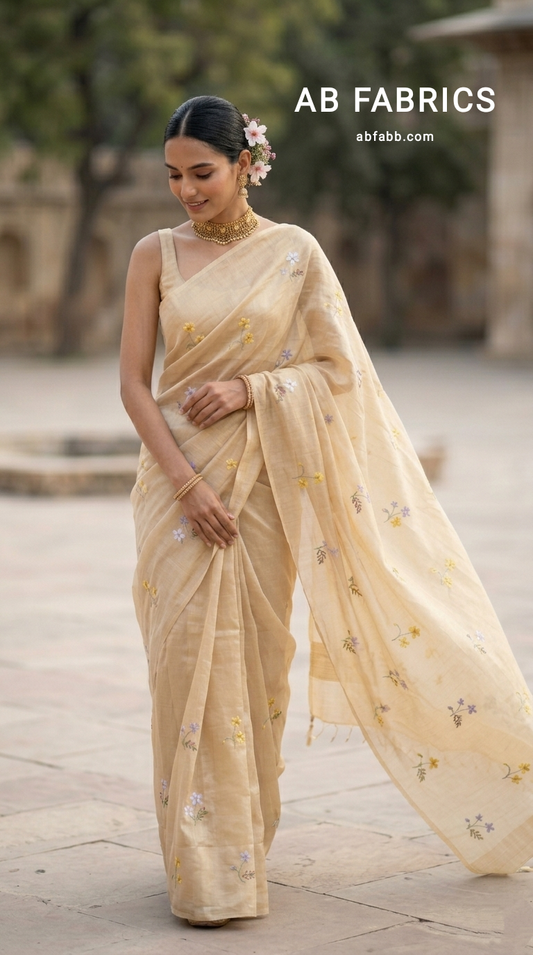 Cream Beige Mulmul Cotton Saree with Multi-Color Floral Embroidery