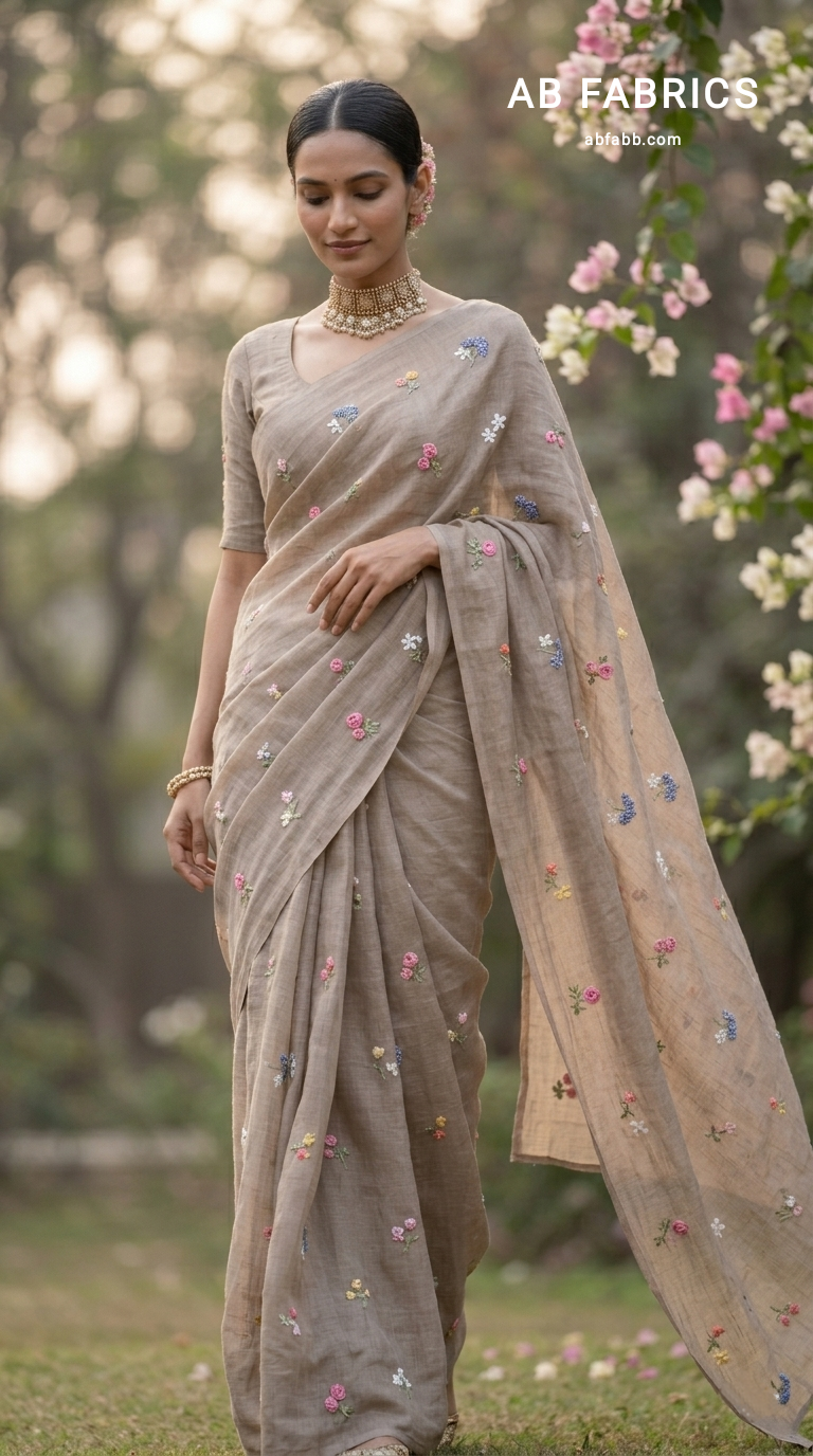 Mud beige Natural Linen Saree with Delicate Floral Hand Embroidered Work