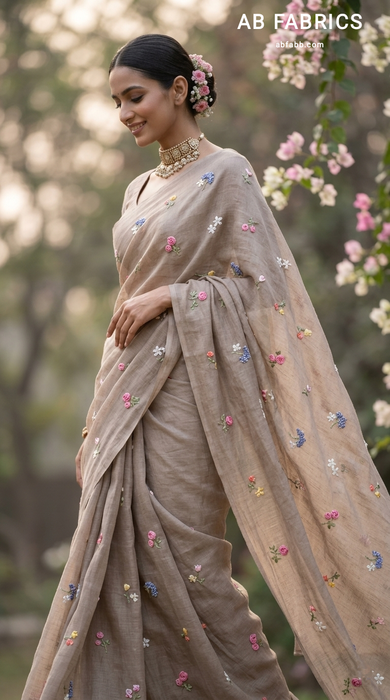 Mud beige Natural Linen Saree with Delicate Floral Hand Embroidered Work