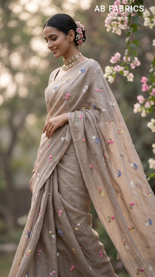 Mud beige Natural Linen Saree with Delicate Floral Hand Embroidered Work