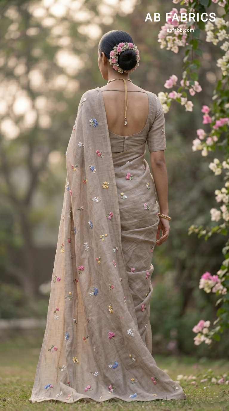 Mud beige Natural Linen Saree with Delicate Floral Hand Embroidered Work