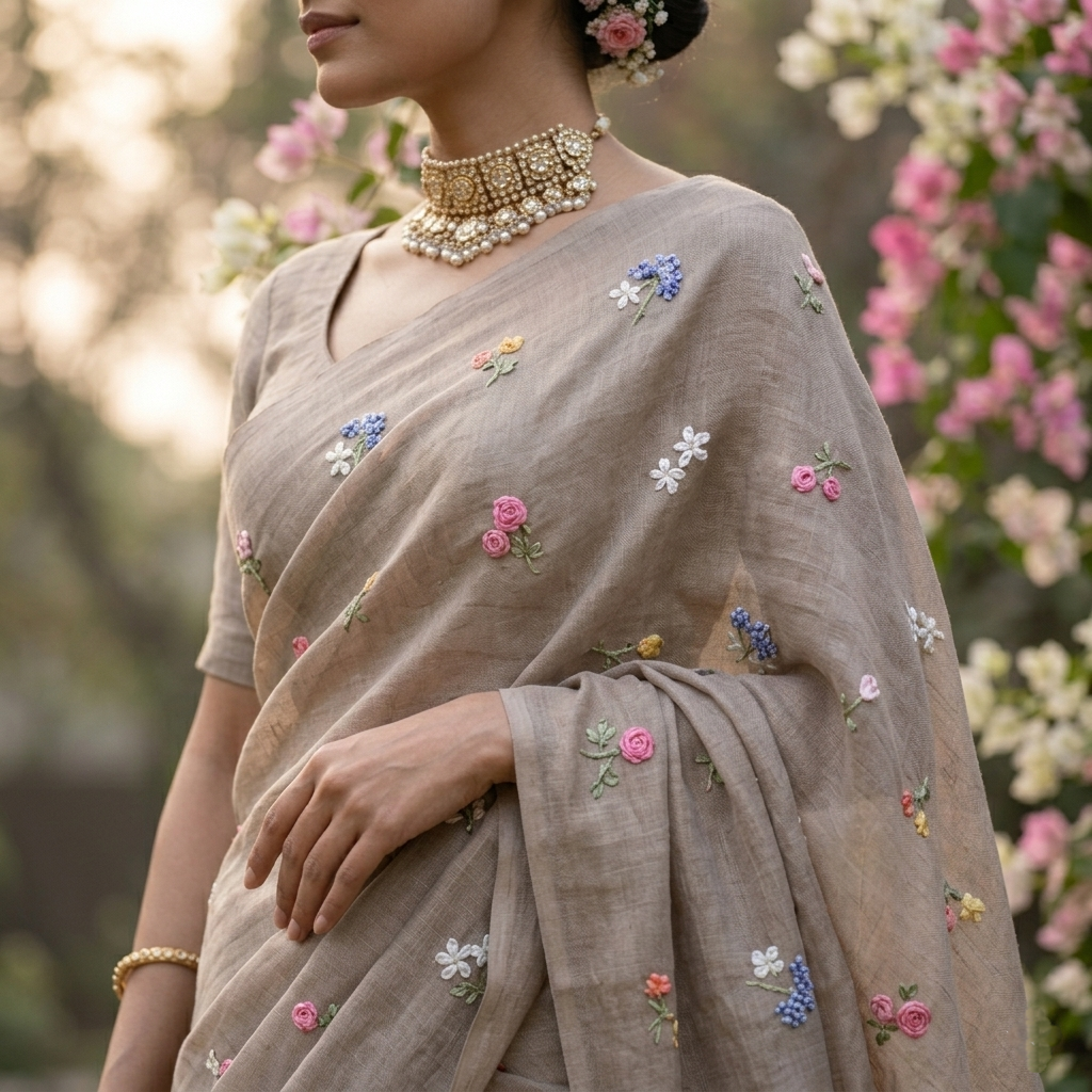 Mud beige Natural Linen Saree with Delicate Floral Hand Embroidered Work