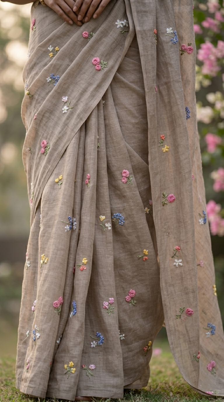 Mud beige Natural Linen Saree with Delicate Floral Hand Embroidered Work
