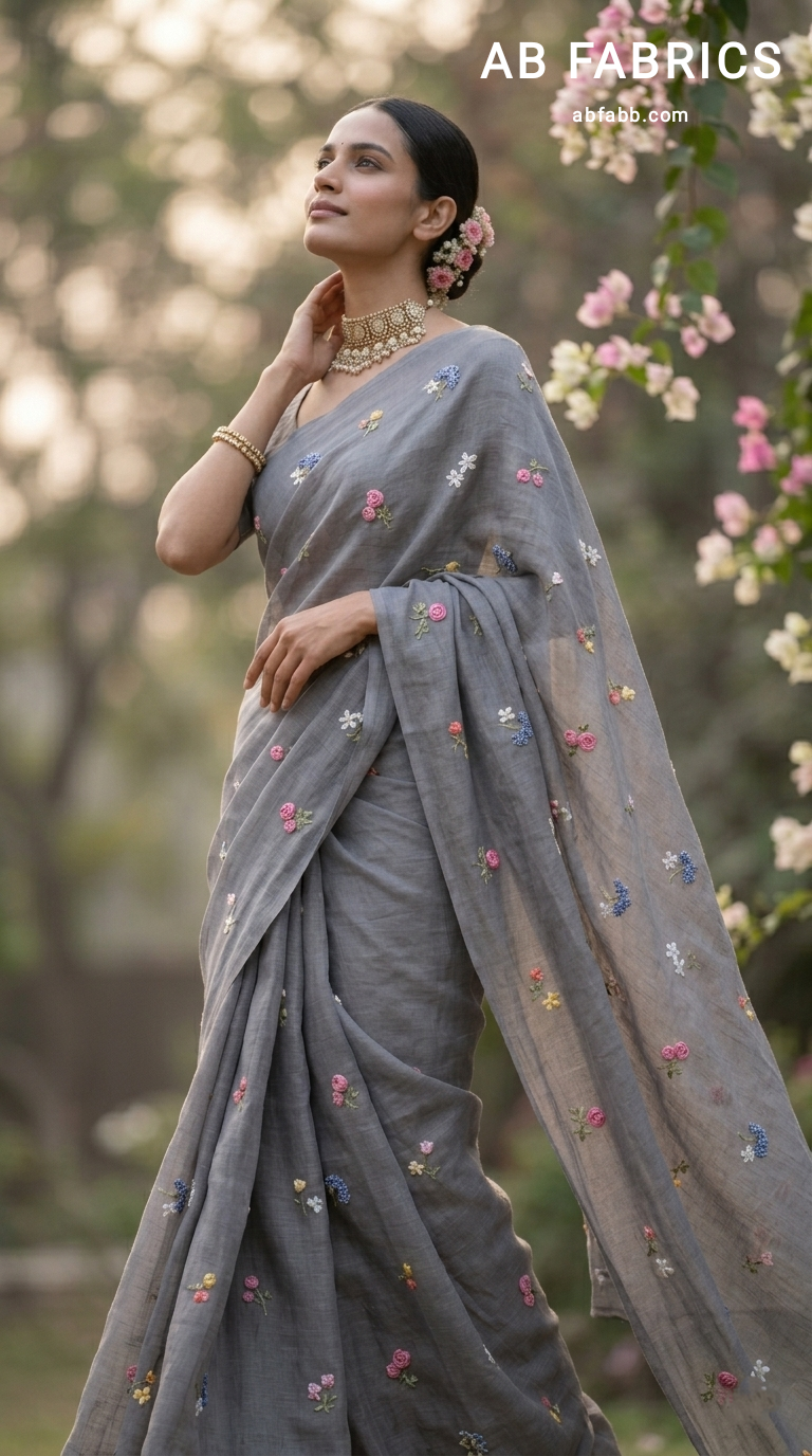 Ash Grey Natural Linen Saree with Delicate Floral Hand Embroidered Work