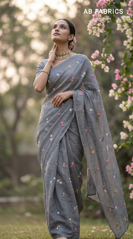 Ash Grey Natural Linen Saree with Delicate Floral Hand Embroidered Work