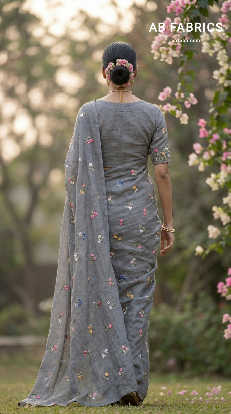 Ash Grey Natural Linen Saree with Delicate Floral Hand Embroidered Work