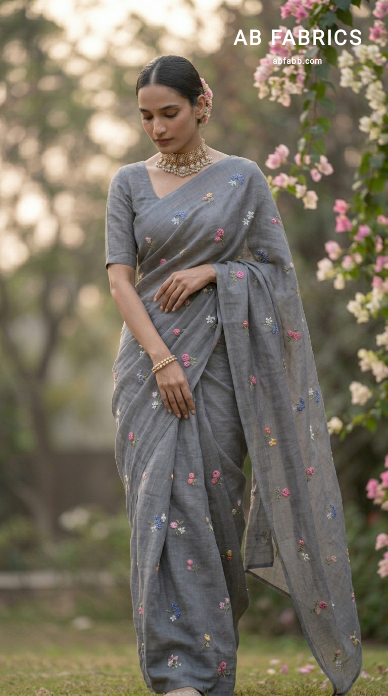 Ash Grey Natural Linen Saree with Delicate Floral Hand Embroidered Work