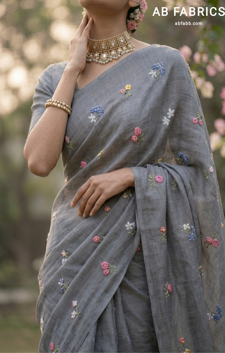 Ash Grey Natural Linen Saree with Delicate Floral Hand Embroidered Work