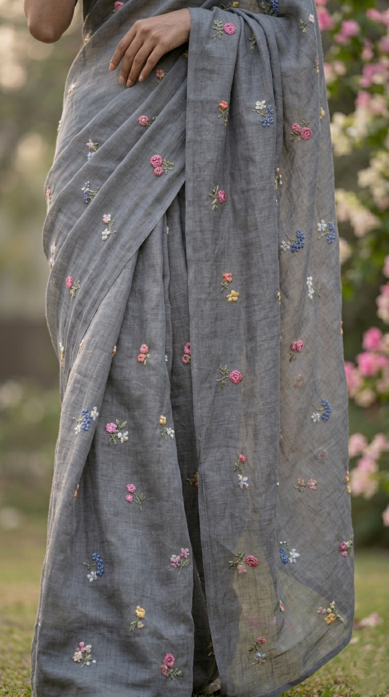 Ash Grey Natural Linen Saree with Delicate Floral Hand Embroidered Work