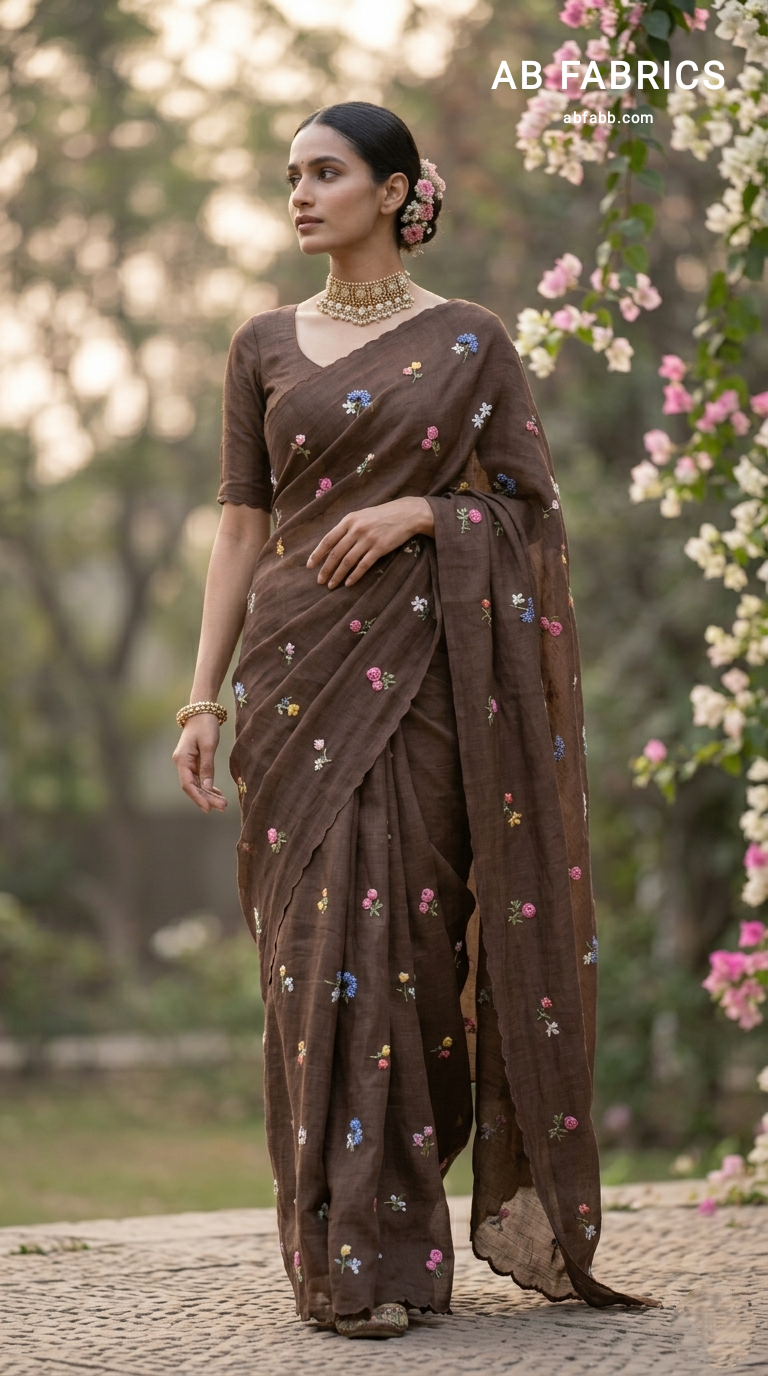 Coffee Brown Natural Linen Saree with Delicate Floral Hand Embroidered Work