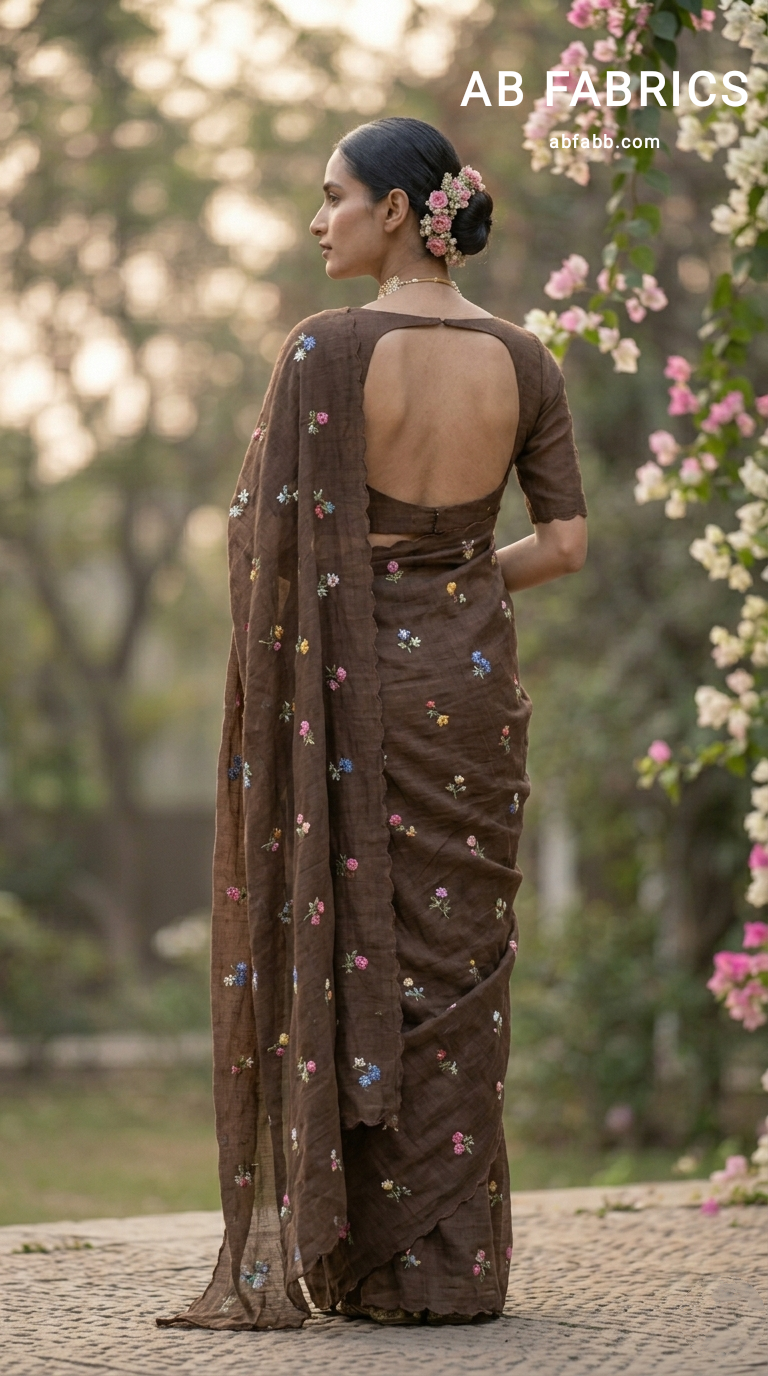 Coffee Brown Natural Linen Saree with Delicate Floral Hand Embroidered Work