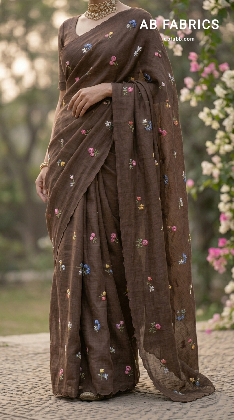 Coffee Brown Natural Linen Saree with Delicate Floral Hand Embroidered Work