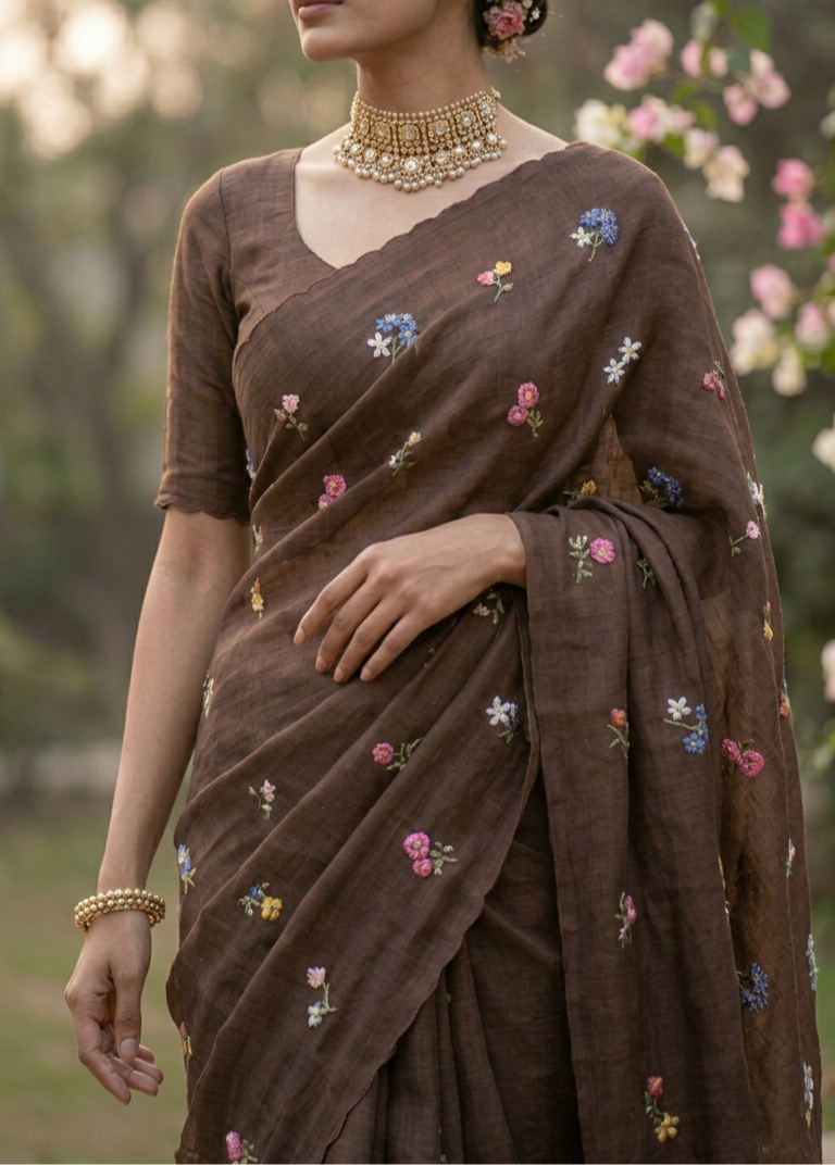 Coffee Brown Natural Linen Saree with Delicate Floral Hand Embroidered Work